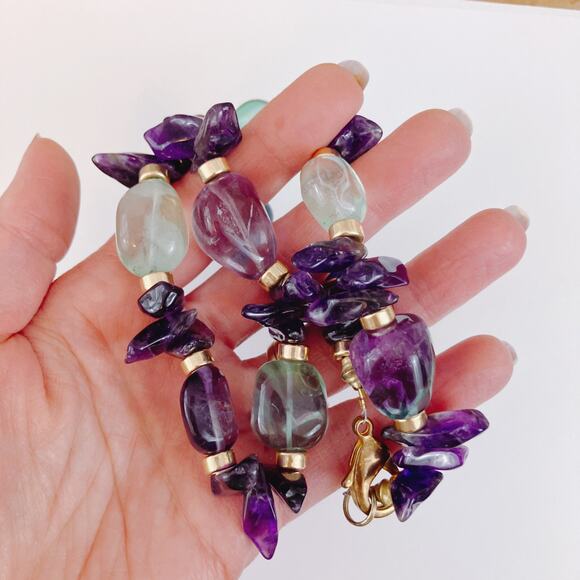 VTG Y2K Amethyst and Quartz Bead Necklace with Gold Tone Accents, Boho Jewelry - Picture 2 of 9